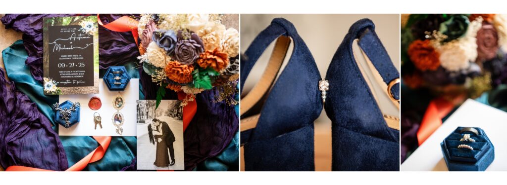 A collection of wedding album photos showing the rings, shoes, and wedding invitation (10 questions to ask before booking)