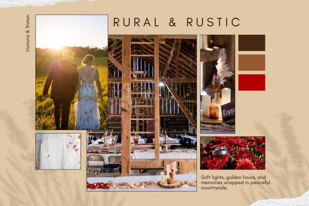 A rural wedding theme with a rustic wedding vibe.